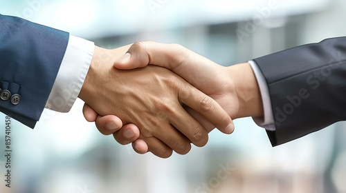 Two businessmen in suits shaking hands in agreement.