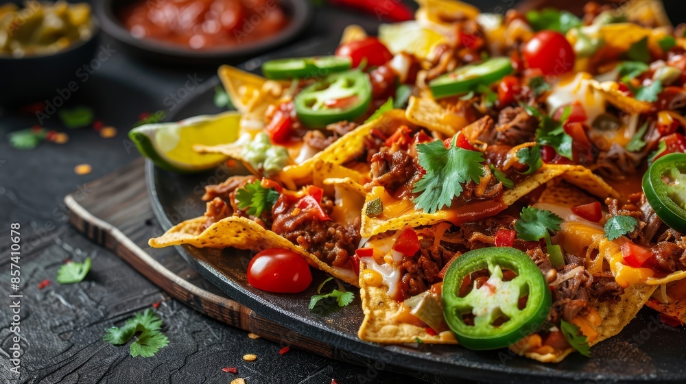 A plate of nachos, topped with meat, cheese, bell peppers, and jalapeno wedges A plate of nachos, topped with meat, cheese, bell peppers, and jalapeno wedges