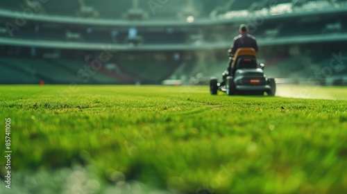 upkeep of football fields. Man operating lawnmower at a stadium on a huge football field. photo