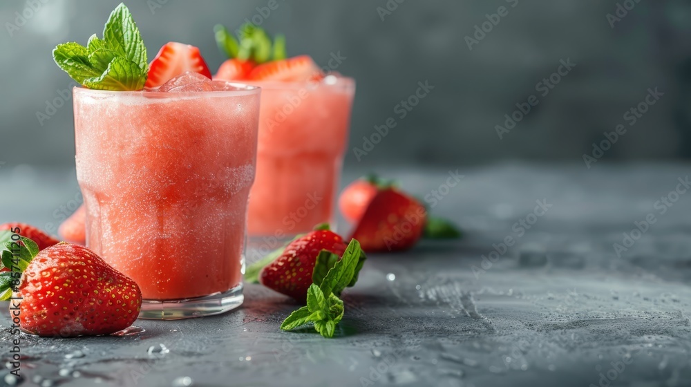 Two glasses, each filled with watermelon and mint, are topped with ice and garnished with strawberries against a gray surface Two glasses, each filled with watermelon and mint, are topped with ice and garnished with strawberries against a gray surface
