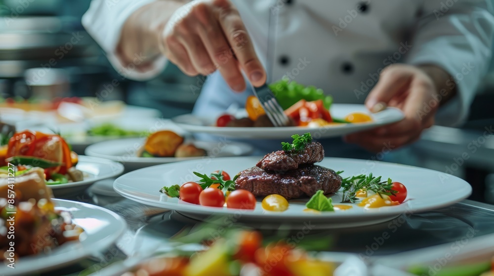 A tight shot of a full plate displaying a piece of meat and a hand holding a fork A tight shot of a full plate displaying a piece of meat and a hand holding a fork