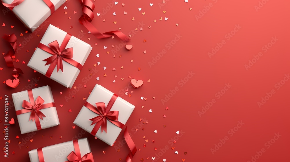 Romantic Valentines banner, top view of gift boxes with red bows, scattered hearts, and confetti on a striking red background, capturing the spirit of love Romantic Valentines banner, top view of gift boxes with red bows, scattered hearts, and confetti on a striking red background, capturing the spirit of love