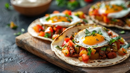  A couple of tacos on a wooden cutting board One with filling, the other empty Nearby, a bowl of salsa and a tortilla with an egg on top