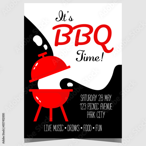 BBQ party invitation poster or banner with a grill blowing smoke. Vector leaflet or flyer to invite friends and family to celebrate a birthday or other event cooking a barbecue in the backyard.