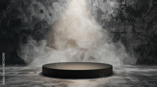 Wallpaper Mural Smoky dark stage with a black podium, spotlight illuminating the platform, abstract texture of the floor and concrete wall, ideal for an empty night room product display Torontodigital.ca