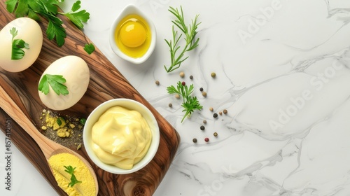 A white marble surface with fresh parsley, mustard, mayonnaise, and a boiled egg photo