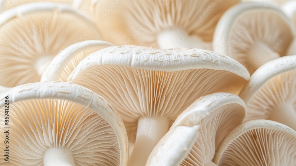 A detailed close-up of oyster mushrooms showcases their delicate gills and soft, undulating curves. A detailed close-up of oyster mushrooms showcases their delicate gills and soft, undulating curves.