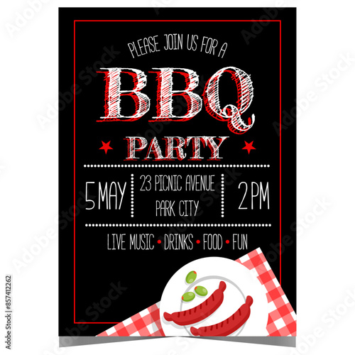 BBQ party flyer to invite friends to a picnic, to grill and roast beef steak, sausages and chicken. Vector poster or banner for birthday celebration or other outdoor barbecue cooking event.