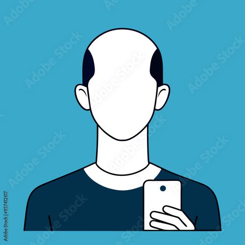 A bald man is using a cell phone, no hair on his head