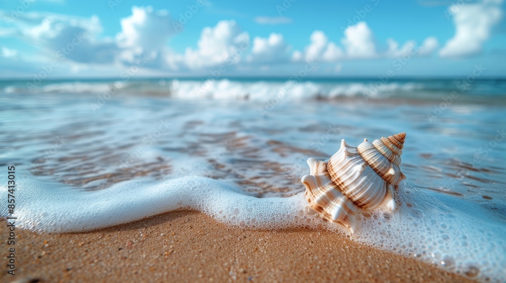 A tight shot of a seashell on sandy beach shore, with waves intermittently reaching in and receding from the water A tight shot of a seashell on sandy beach shore, with waves intermittently reaching in and receding from the water