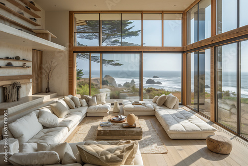 Serene reading nook with modern minimalist design, featuring natural materials and clean lines, bathed in afternoon sunlight, highlighting the open floor plan and connection to the coastal surrounding
