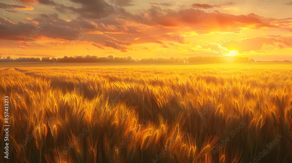 Peaceful rural scene of golden wheat field at sunset with vibrant colors and rich textures Peaceful rural scene of golden wheat field at sunset with vibrant colors and rich textures