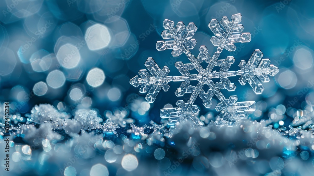 A snowflake atop a snow mound against a blue-white blurred backdrop A snowflake atop a snow mound against a blue-white blurred backdrop