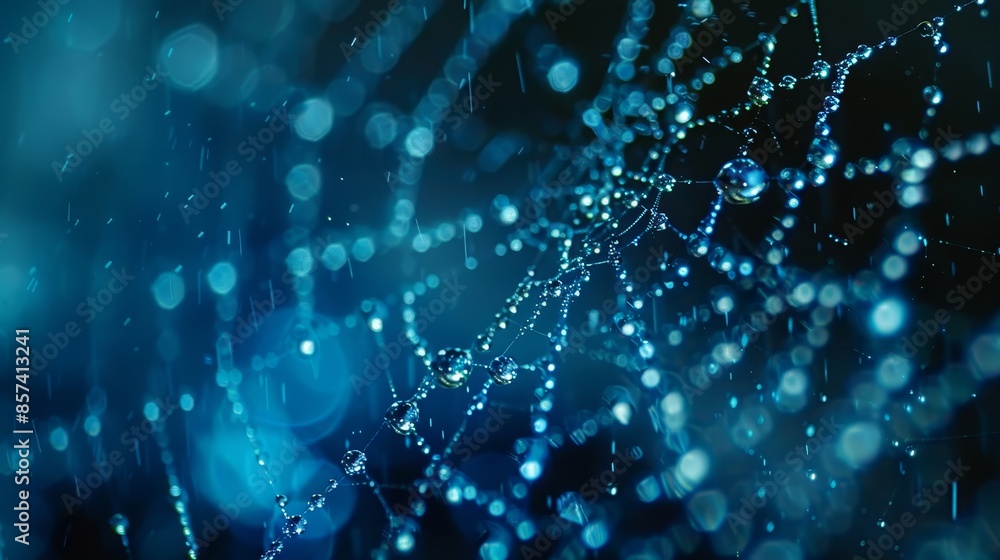 Close-up of a spider web on a blue background, with dewdrops on the thread and the web centered Close-up of a spider web on a blue background, with dewdrops on the thread and the web centered