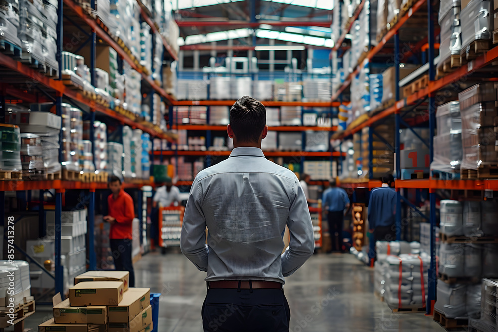 Warehouse Manager Overseeing from Central Position in Vibrant Hyper Logistics Facility Warehouse Manager Overseeing from Central Position in Vibrant Hyper Logistics Facility