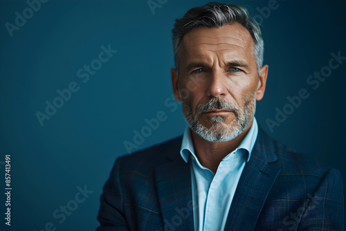 Confident and Authoritative Middle Aged Business Executive in a Tailored Suit with a Thoughtful Expression Against a Vibrant Blue Background