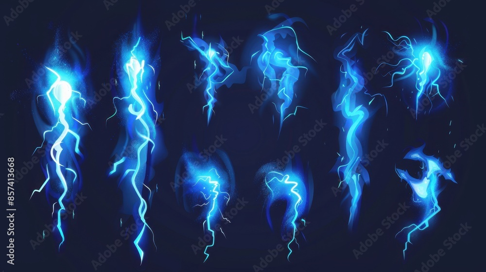 Fototapeta premium A set of 9 blue electric lightning bolts with different forms and sparks, glowing on a dark blue background.