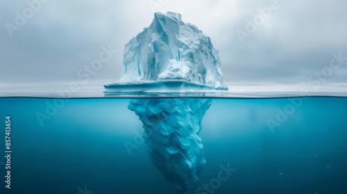  An iceberg floating in the middle of the ocean, surrounded by cloudy sky both above and below the water's surface