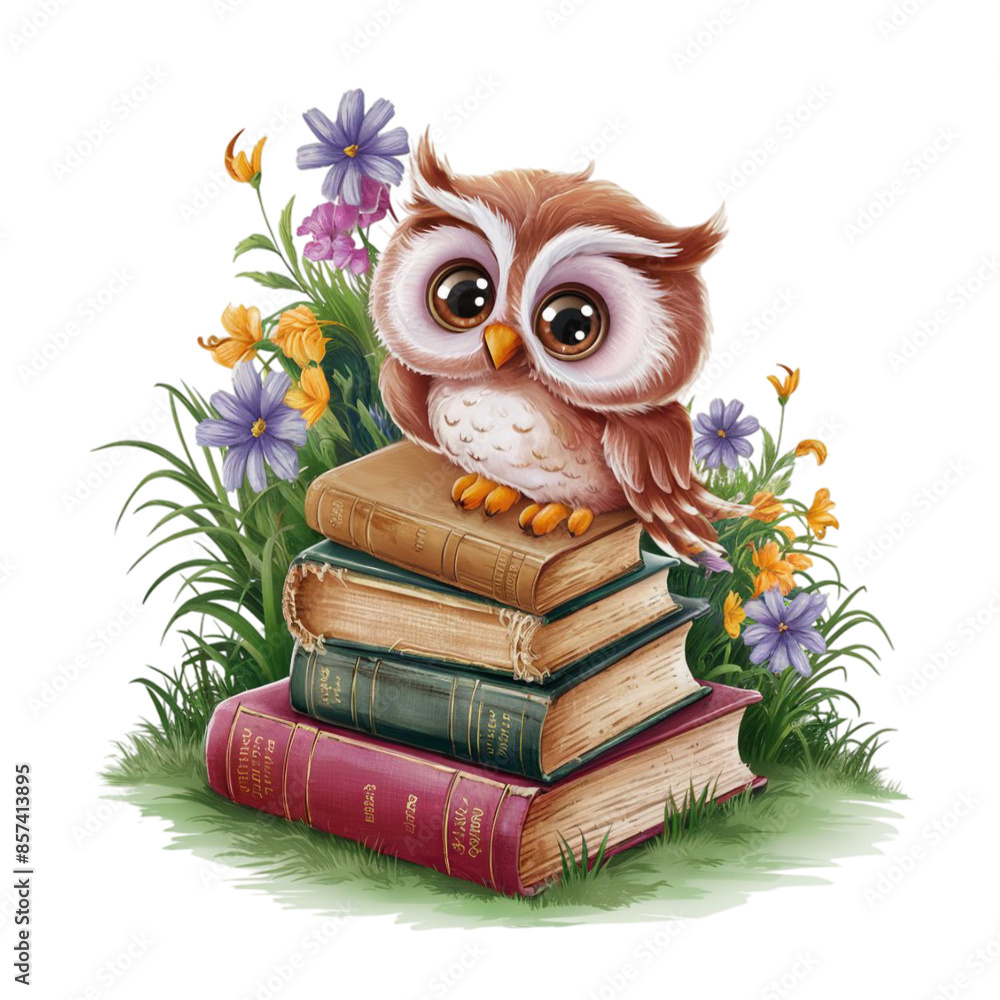 A owl is perched atop a stack of antique books surrounded by pink flowers and green foliage A owl is perched atop a stack of antique books surrounded by pink flowers and green foliage