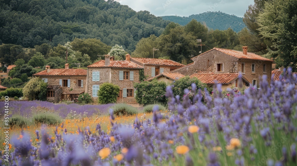 A field teeming with purple and yellow blooms borders a red-roofed building, framed by trees in the background A field teeming with purple and yellow blooms borders a red-roofed building, framed by trees in the background