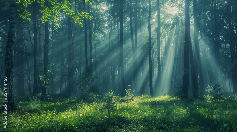 A sunlit forest teems with numerous green trees, their leaves filtering sunlight into dappled beams A sunlit forest teems with numerous green trees, their leaves filtering sunlight into dappled beams