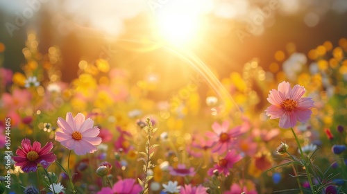 A scene of vibrant flowers filling a field, sun illuminating the background through the trees