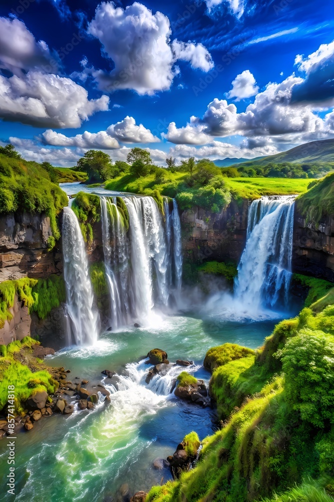 Obraz premium Waterfall in Stunning Natural Landscape for Background or Poster