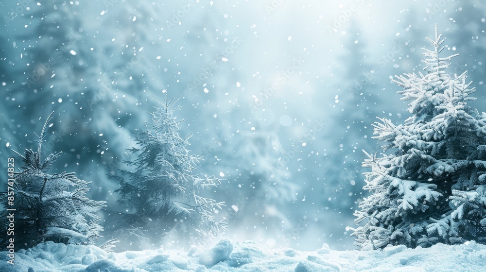 trees in foreground, snowflakes on ground; background - blue sky trees in foreground, snowflakes on ground; background - blue sky