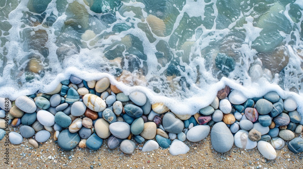 A cluster of rocks perched on a sandy shore, with a wave repeatedly crashing against the ocean A cluster of rocks perched on a sandy shore, with a wave repeatedly crashing against the ocean