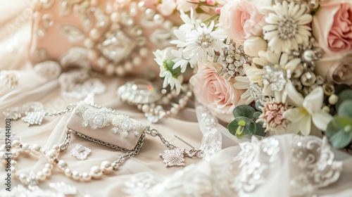 Wedding composition. Bride accessories earrings, flower, handbag, necklace