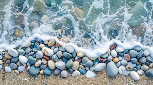  A cluster of rocks perched on a sandy shore, with a wave repeatedly crashing against the ocean photo
