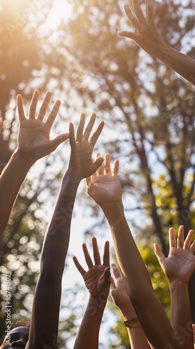 Hands reaching up towards the sky on a sunny day, unity concept