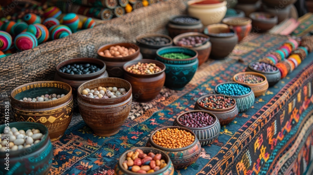 A table, clad in a blue cloth, is laden with various bowls brimming with diverse kinds of beans Bowls of beans rest atop it A table, clad in a blue cloth, is laden with various bowls brimming with diverse kinds of beans Bowls of beans rest atop it