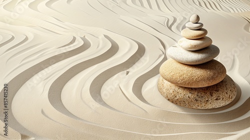  A stack of rocks rising above a wave-patterned sand shore photo
