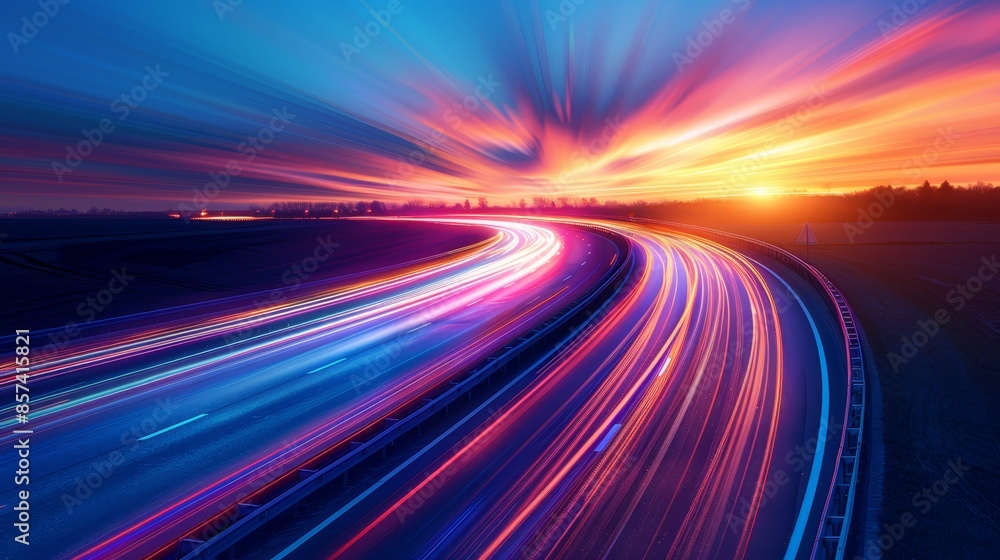 Highway at night - Sun in the distance, cars' lights illuminate the foreground Highway at night - Sun in the distance, cars' lights illuminate the foreground