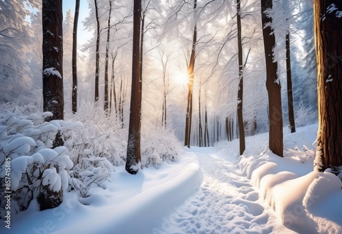 snowy forest tranquil winter landscape trees snow covered ground, path, serene, peaceful, cold, scene, wonderland, nature, woods, tranquility, white © Yaraslava