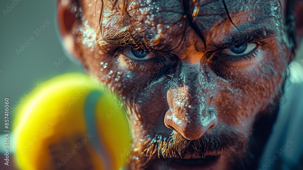 A man, face damp with rain or sweat, grips a tennis racket In his other hand, a tennis ball is poised for action A man, face damp with rain or sweat, grips a tennis racket In his other hand, a tennis ball is poised for action