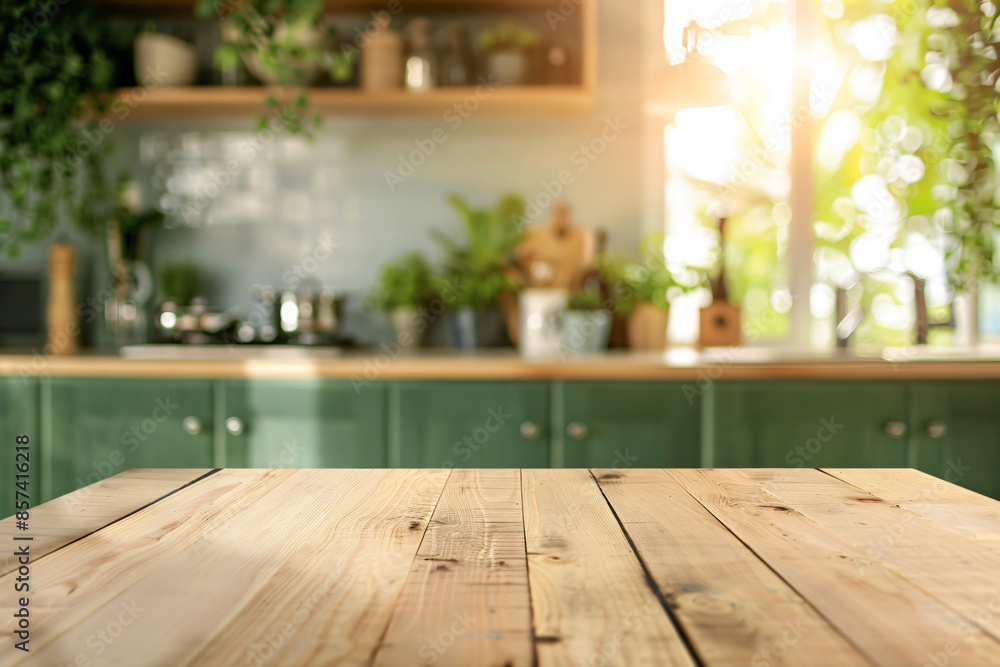 Bright wooden table in a cozy home kitchen with a blurred background Bright wooden table in a cozy home kitchen with a blurred background