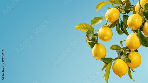 A close-up image of ripe lemons hanging from a branch against a clear blue sky