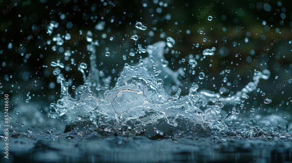 A tight shot of water droplets cascading onto a body of water, backdrop featuring a verdant leaf A tight shot of water droplets cascading onto a body of water, backdrop featuring a verdant leaf