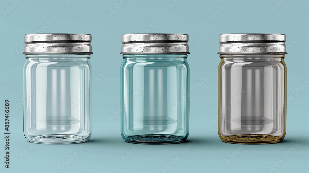 A trio of glass jars with rustic metal screw caps stands against a soft blue background, embodying simplicity and utility. A trio of glass jars with rustic metal screw caps stands against a soft blue background, embodying simplicity and utility.