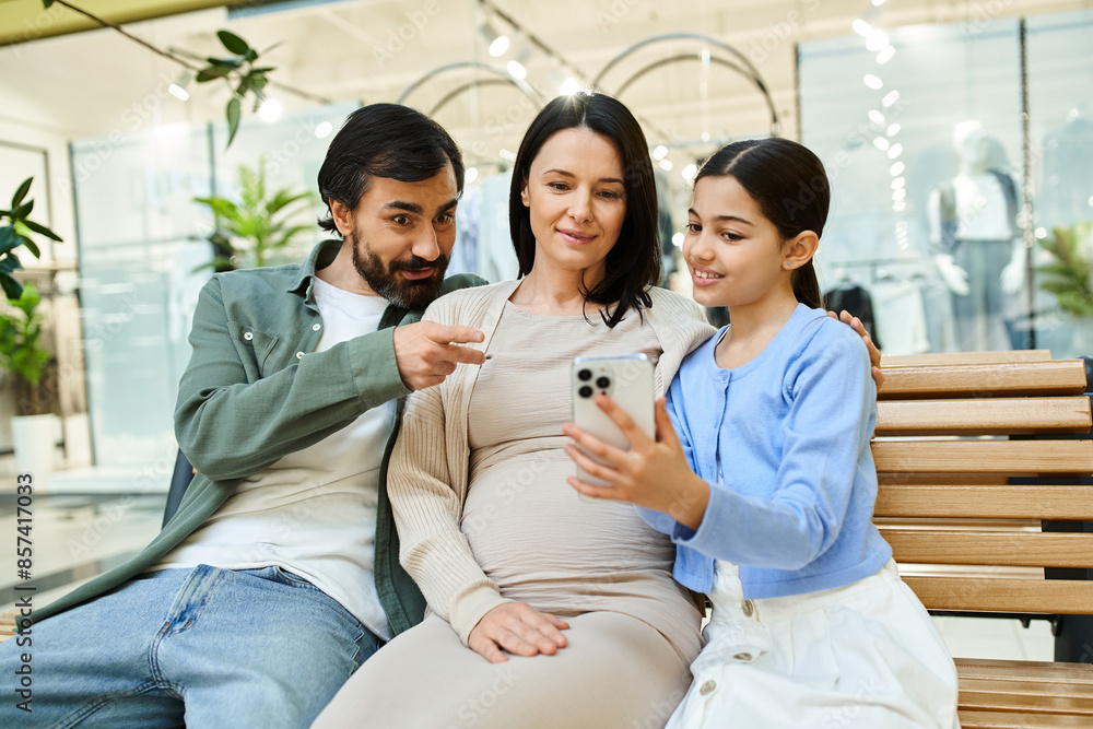 A family sits closely on a bench in a shopping mall, engrossed in a cell phone screen together. A family sits closely on a bench in a shopping mall, engrossed in a cell phone screen together.