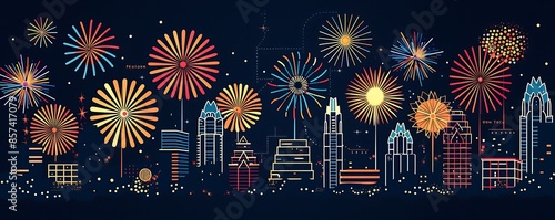 Abstract 4th of July fireworks and a stylized Austin cityscape illustration on a navy background.