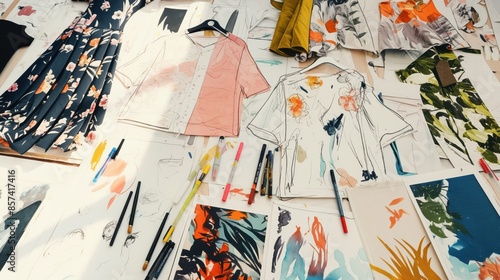 imagine prompt A table overflowing with fashion sketches and design elements, illustrating the creative process and evolution of ideas in the fashion industry, with vibrant markers and textiles,