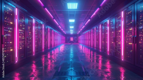 Neon-lit server room with reflective floor, futuristic technology concept