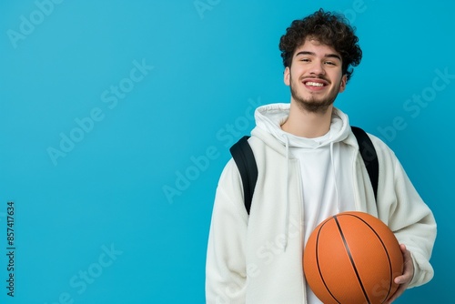 a college student with basketball on a blue background, College Student Athlete Playing Basketball on a Blue Background, Dynamic College Basketball Player in Action on a Blue Background