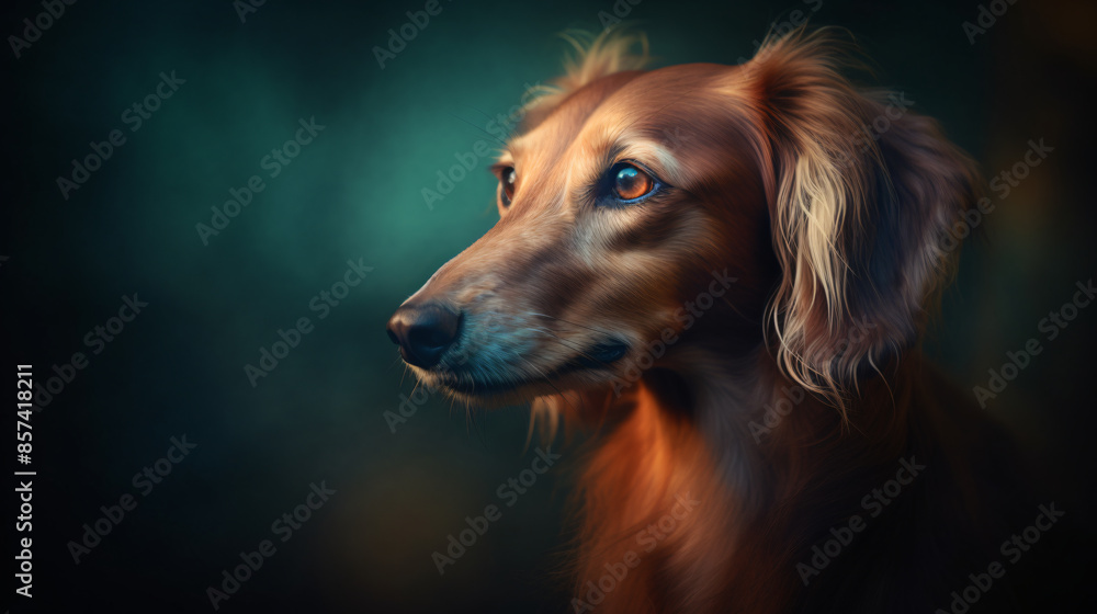 A portrait of a loyal and loving brown long-haired dachshund dog, with a warm and caring expression in its eyes, against a dark background that brings out the richness of its fur. A portrait of a loyal and loving brown long-haired dachshund dog, with a warm and caring expression in its eyes, against a dark background that brings out the richness of its fur.