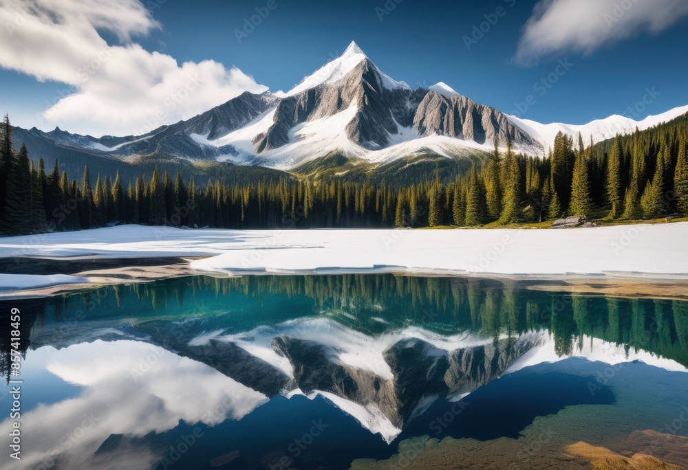 Fototapeta premium snow capped mountain peak mirrored lake, snowy, reflection, summit, water, white, icy, cold, landscape, nature, wilderness, tranquil, serene, winter