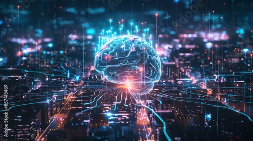Futuristic technology trend in machine learning concept. Connection neural network 5g community in smart city with use artificial intelligence to share or receive data © florynstudio3
