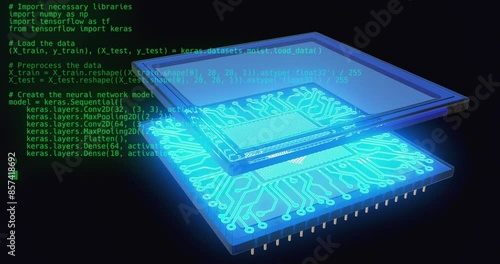 A 3D animation depicting the evolution of AI: starting with lines of code, followed by particles forming a quantum processor. The processor integrates into a brain, spreading circuits like those on a photo